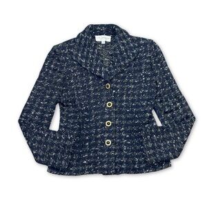 St. John Collection Houndstooth Navy Knit Shoulder Padded Botton Front Jacket S4